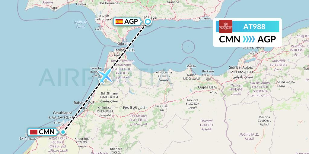 AT988 Royal Air Maroc Flight Map: Casablanca to Malaga