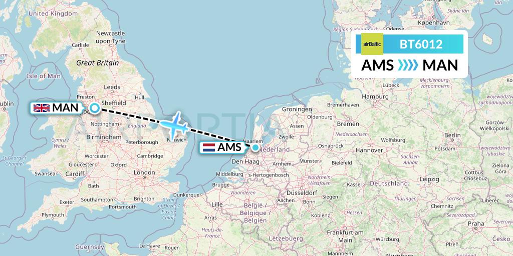BT6012 Air Baltic Flight Map: Amsterdam to Manchester