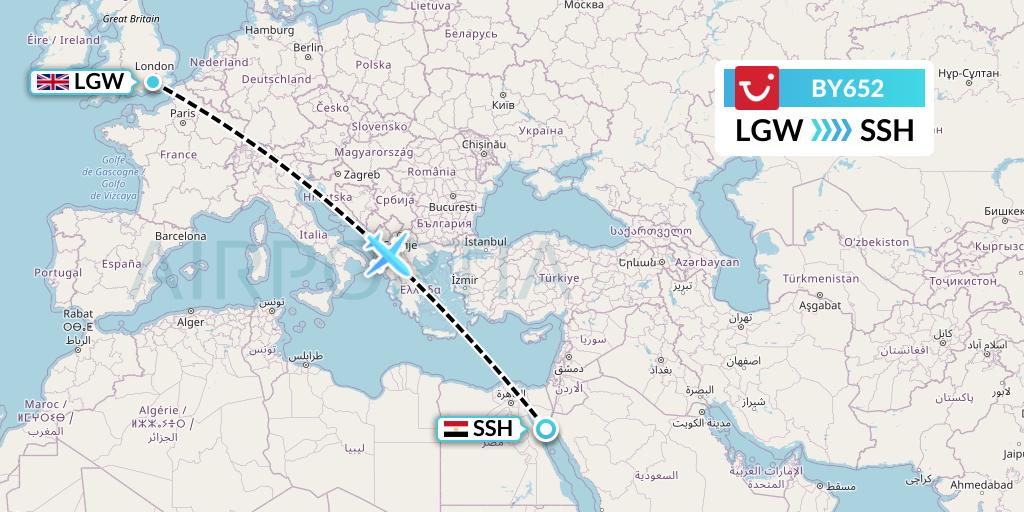 BY652 TUI Airways Flight Map: London to Sharm el-Sheikh