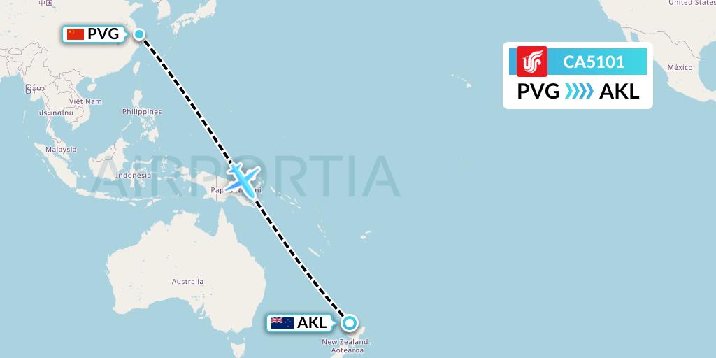 CA5101 Air China Flight Map: Shanghai to Auckland