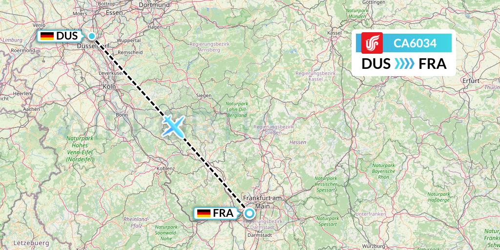 CA6034 Air China Flight Map: Dusseldorf to Frankfurt