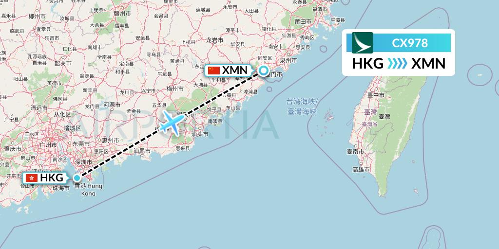 CX978 Cathay Pacific Flight Map: Hong Kong to Xiamen