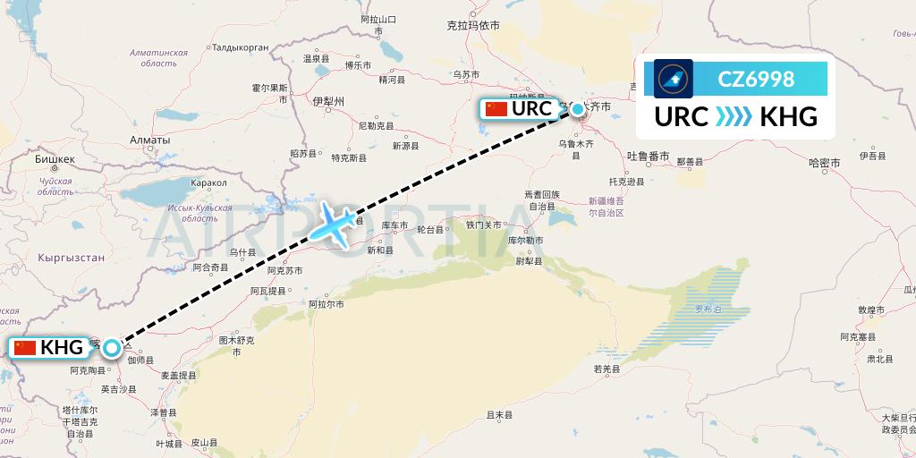 CZ6998 China Southern Airlines Flight Map: Urumqi to Kashgar