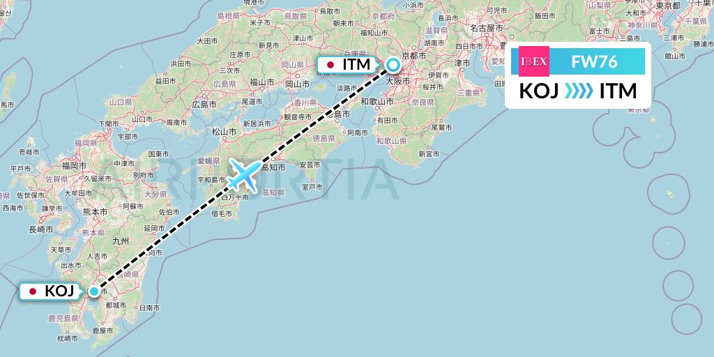 FW76 Ibex Airlines Flight Map: Kagoshima to Osaka