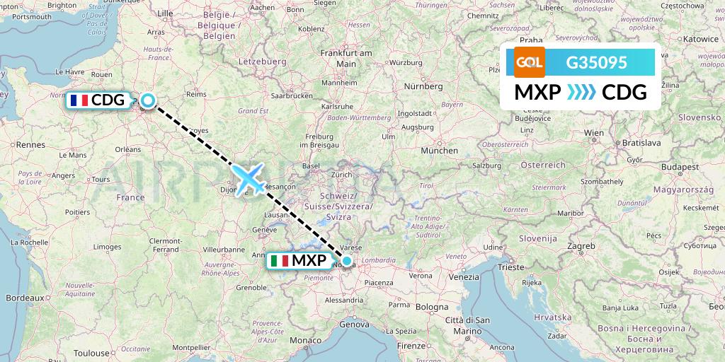 G35095 GOL Transportes Aeros Flight Map: Milan to Paris