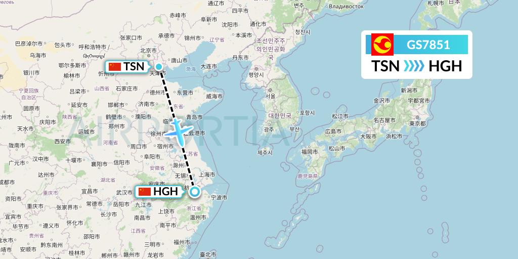 GS7851 Tianjin Airlines Flight Map: Tianjin to Hangzhou