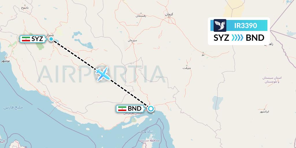IR3390 Iran Air Flight Map: Shiraz to Bandar Abbas