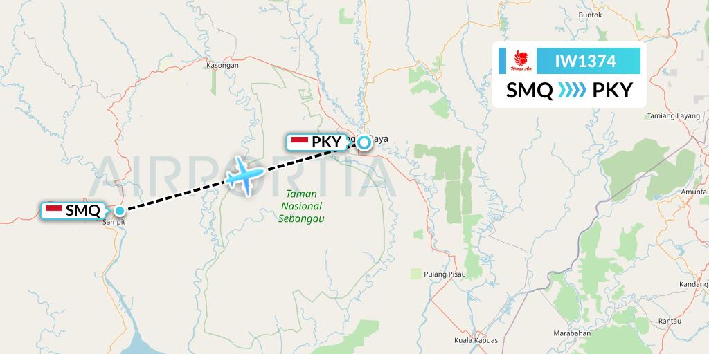 IW1374 Wings Air Flight Map: Sampit Airport to Palangkaraya