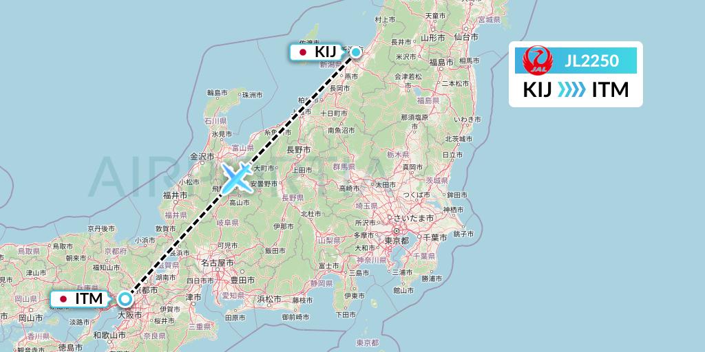 JL2250 Japan Airlines Flight Map: Niigata to Osaka
