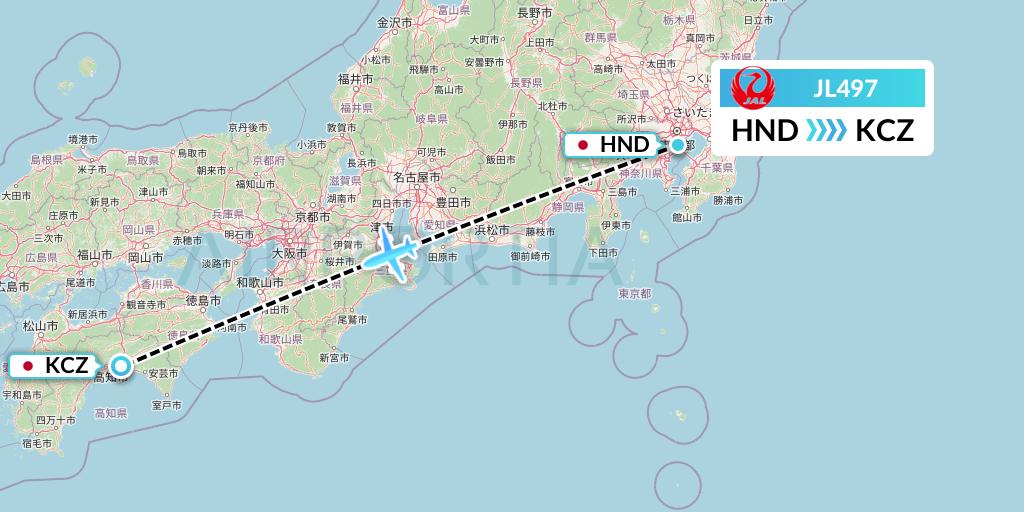 JL497 Japan Airlines Flight Map: Tokyo to Nankoku