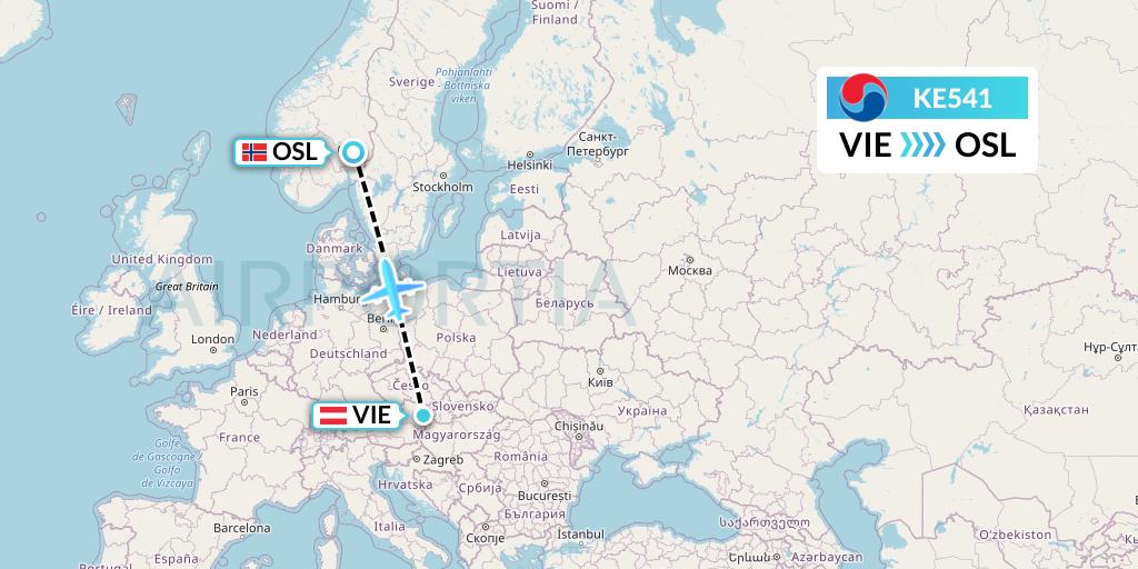 KE541 Korean Air Flight Map: Vienna to Oslo