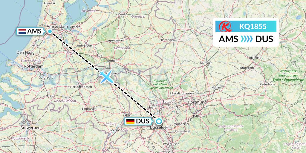 KQ1855 Kenya Airways Flight Map: Amsterdam to Dusseldorf