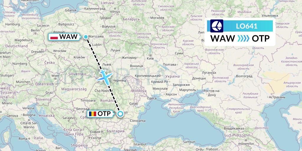 LO641 LOT Flight Map: Warsaw to Bucharest