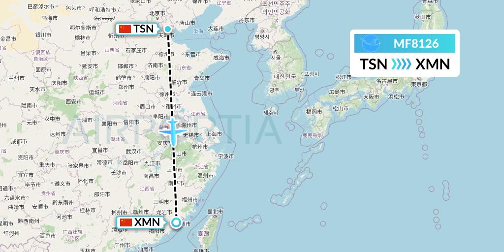 MF8126 Xiamen Airlines Flight Map: Tianjin to Xiamen