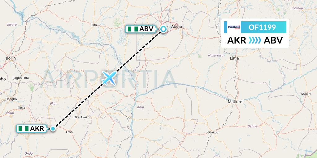 OF1199 Overland Airways Flight Map: Akure to Abuja