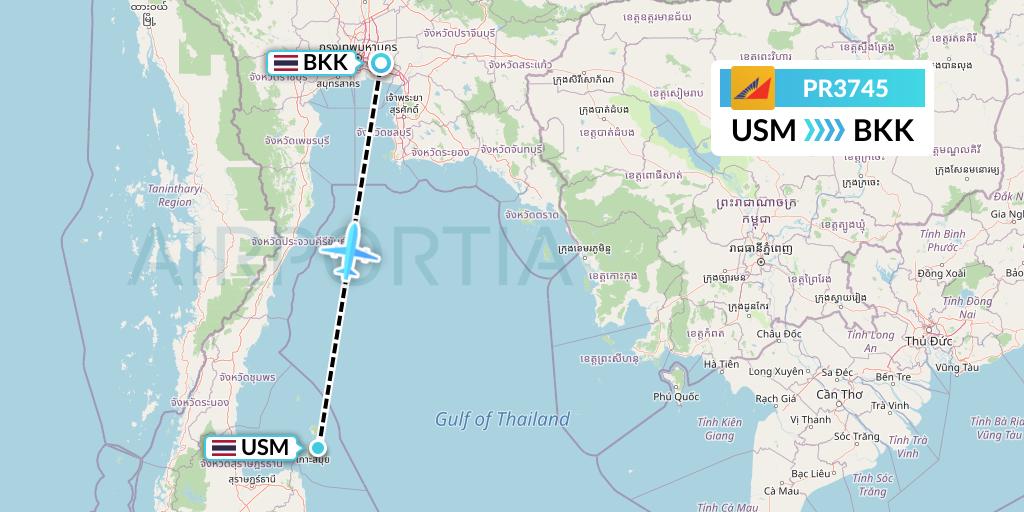 PR3745 Philippine Airlines Flight Map: Koh Samui to Bangkok