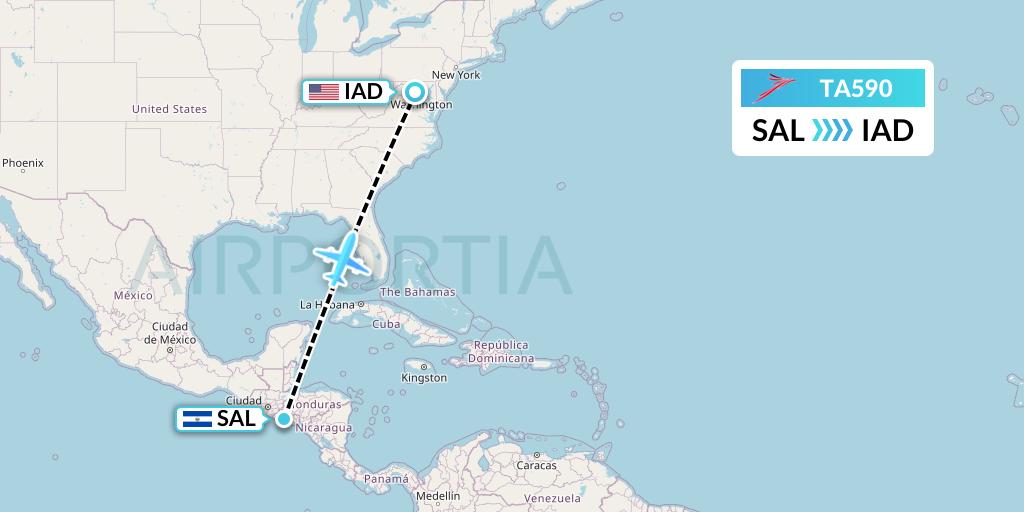 TA590 TACA Airlines Flight Map: San Salvador to Washington