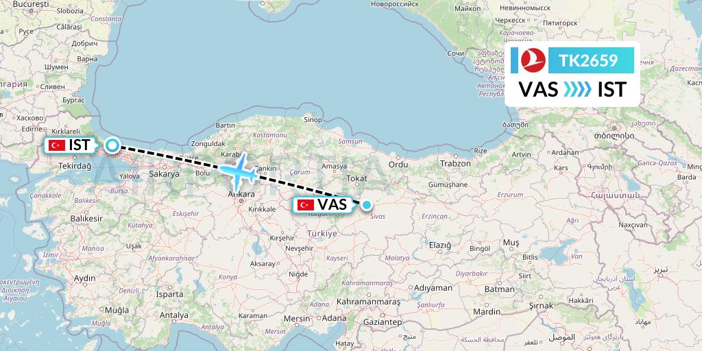 TK2659 Turkish Airlines Flight Map: Sivas to Istanbul
