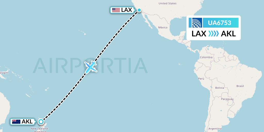 UA6753 United Airlines Flight Map: Los Angeles to Auckland