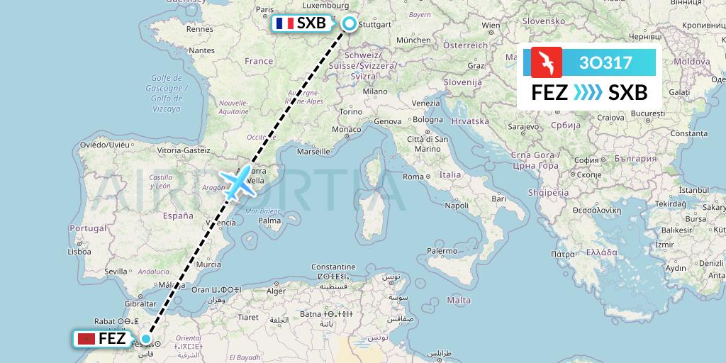 3O317 Air Arabia Maroc Flight Map: Fes to Strasbourg