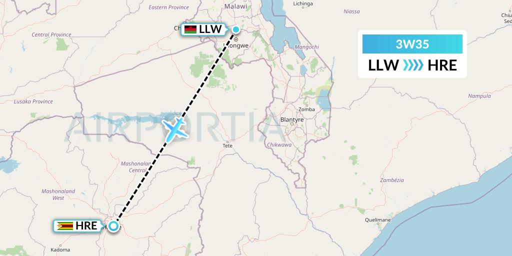 3W35 Malawian Airlines Flight Map: Lilongwe to Harare