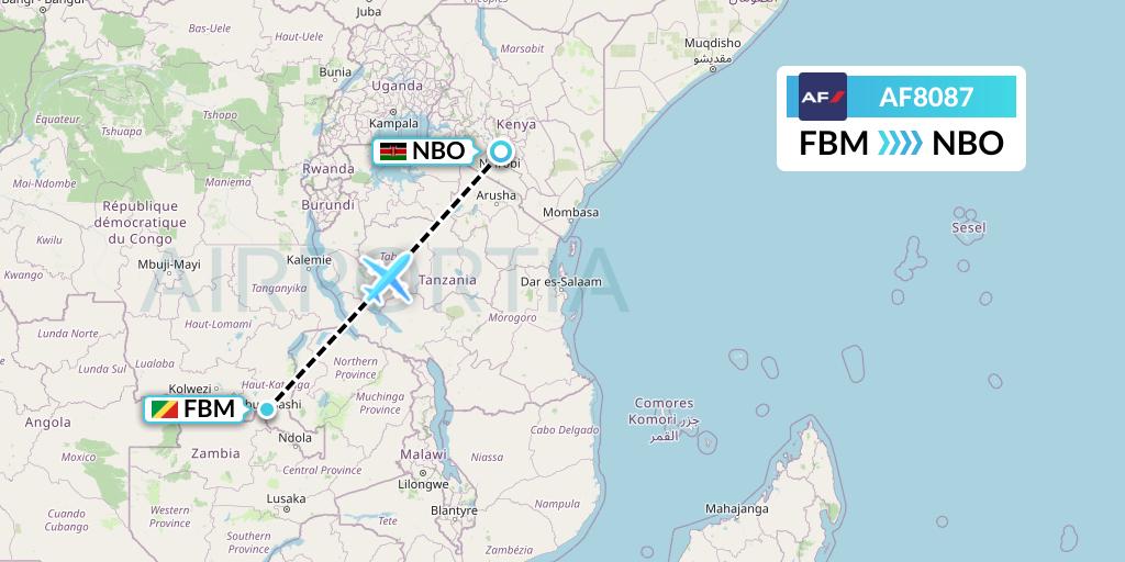 AF8087 Air France Flight Map: Lubumbashi to Nairobi