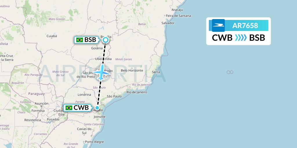 AR7658 Aerolineas Argentinas Flight Map: Curitiba to Brasilia