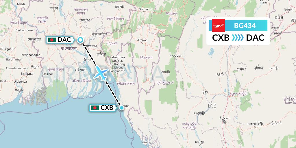 BG434 Biman Bangladesh Airlines Flight Map: Cox's Bazar to Dhaka