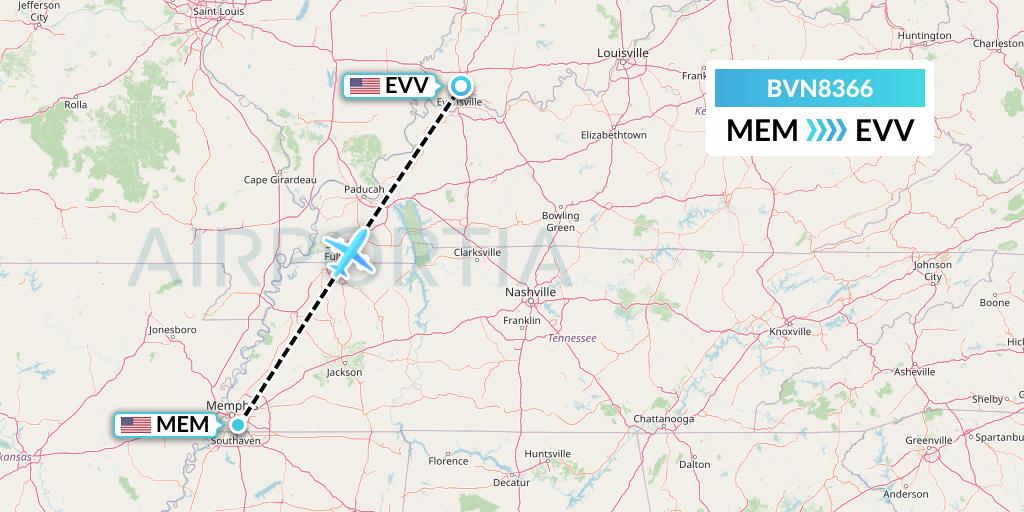 BVN8366 Baron Aviation Services Flight Map: Memphis to Evansville