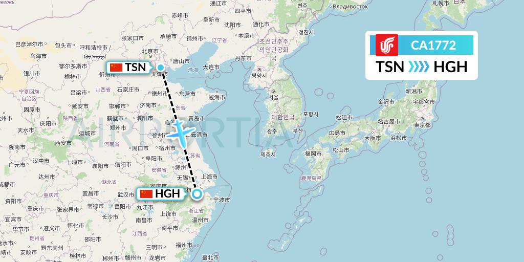CA1772 Air China Flight Map: Tianjin to Hangzhou