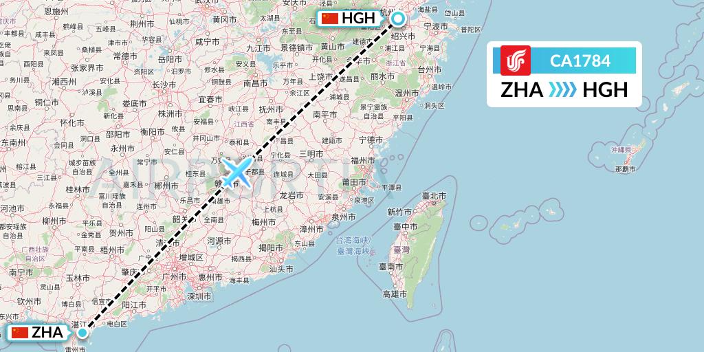 CA1784 Air China Flight Map: Zhanjiang to Hangzhou