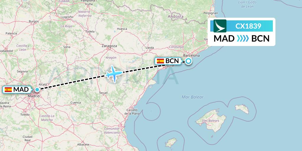 CX1839 Cathay Pacific Flight Map: Madrid to Barcelona