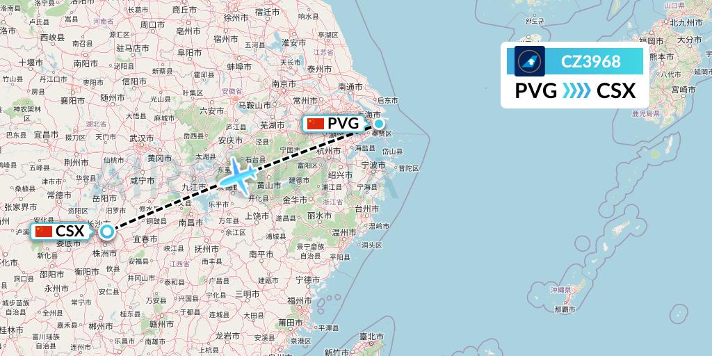CZ3968 China Southern Airlines Flight Map: Shanghai to Changsha