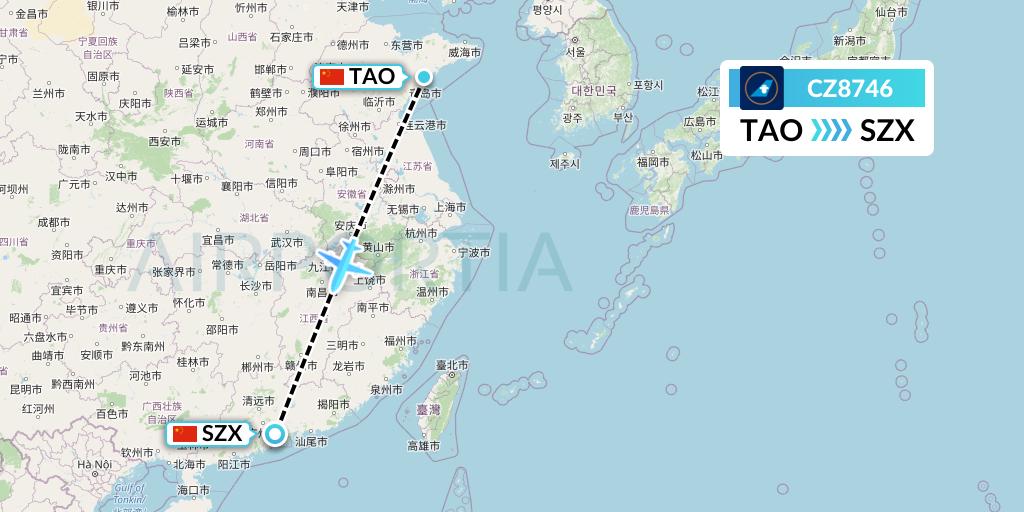 CZ8746 China Southern Airlines Flight Map: Qingdao to Shenzhen