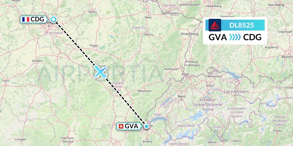 DL8525 Delta Air Lines Flight Map: Geneva to Paris