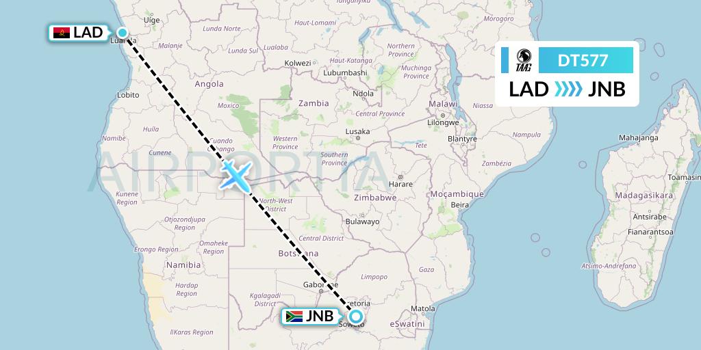 DT577 TAAG Angola Airlines Flight Map: Luanda to Johannesburg