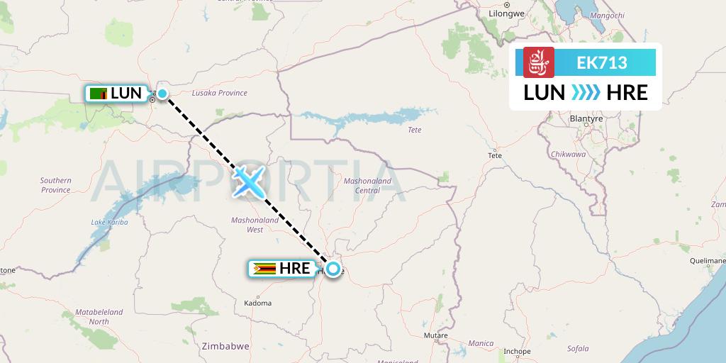 EK713 Emirates Flight Map: Lusaka to Harare