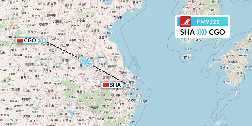 FM9321 Shanghai Airlines Flight Map: Shanghai to Zhengzhou