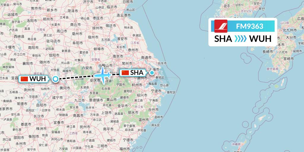FM9363 Shanghai Airlines Flight Map: Shanghai to Wuhan