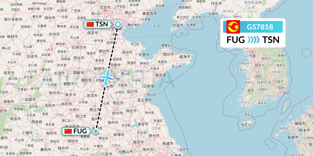 GS7818 Tianjin Airlines Flight Map: Fuyang to Tianjin