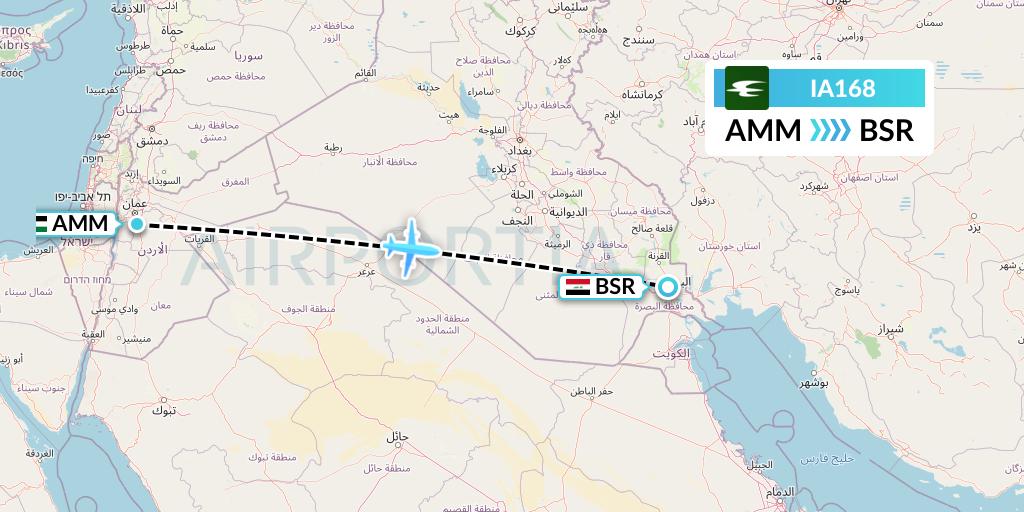 IA168 Iraqi Airways Flight Map: Amman to Basra