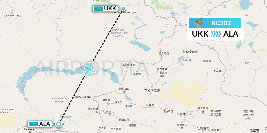 KC302 Air Astana Flight Map: Oskemen to Almaty