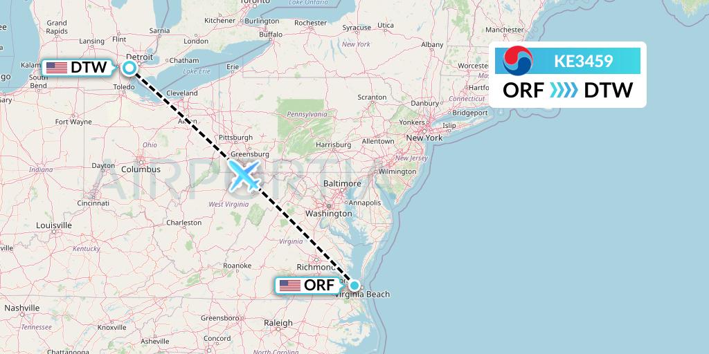 KE3459 Korean Air Flight Map: Norfolk to Detroit