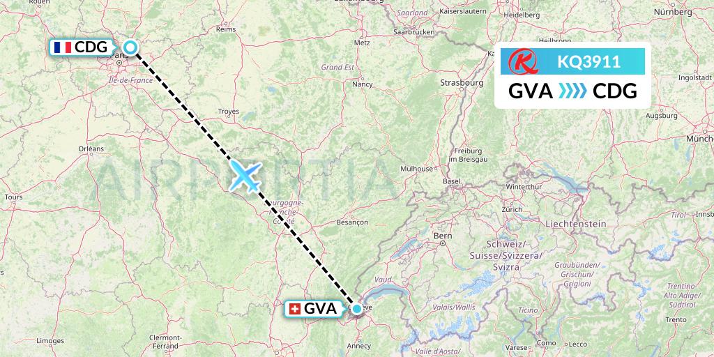 KQ3911 Kenya Airways Flight Map: Geneva to Paris