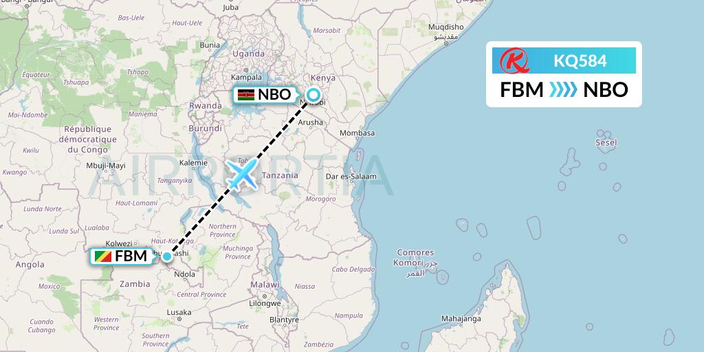 KQ584 Kenya Airways Flight Map: Lubumbashi to Nairobi