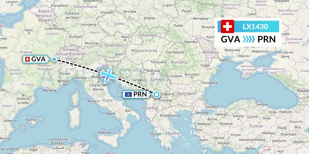 LX1430 Swiss Flight Map: Geneva to Pristina
