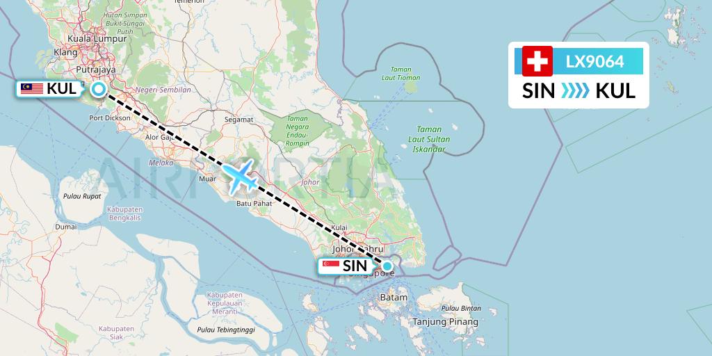LX9064 Swiss Flight Map: Singapore to Kuala Lumpur