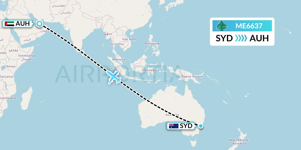 ME6637 MEA Flight Map: Sydney to Abu Dhabi