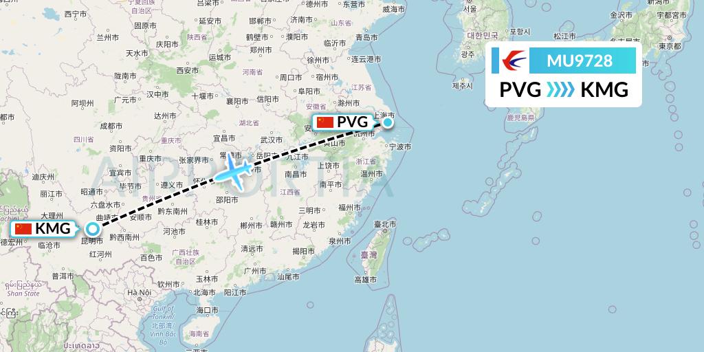 MU9728 China Eastern Airlines Flight Map: Shanghai to Kunming