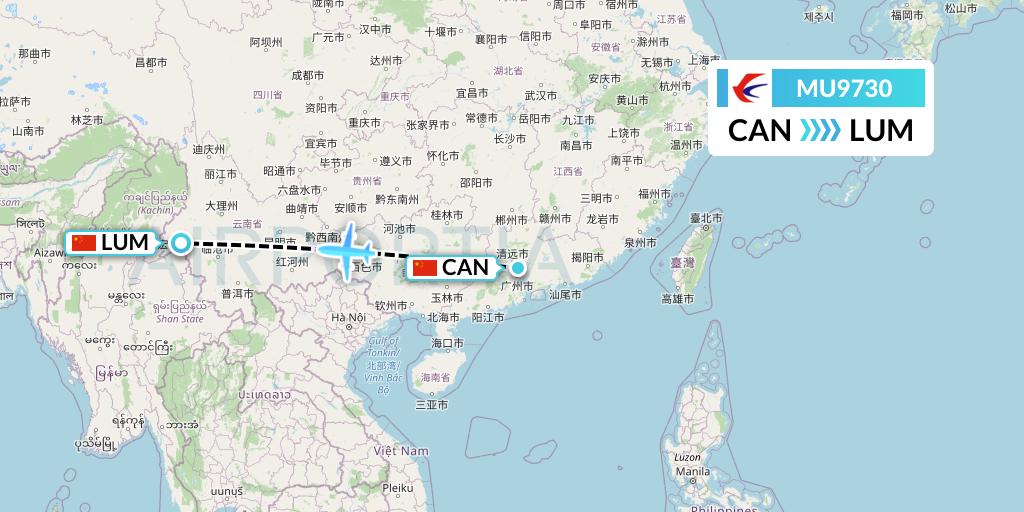 MU9730 China Eastern Airlines Flight Map: Guangzhou to Mangshi